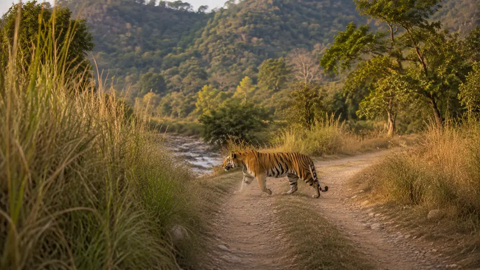 Illustrative tiger and forest landscape inspired by Corbett