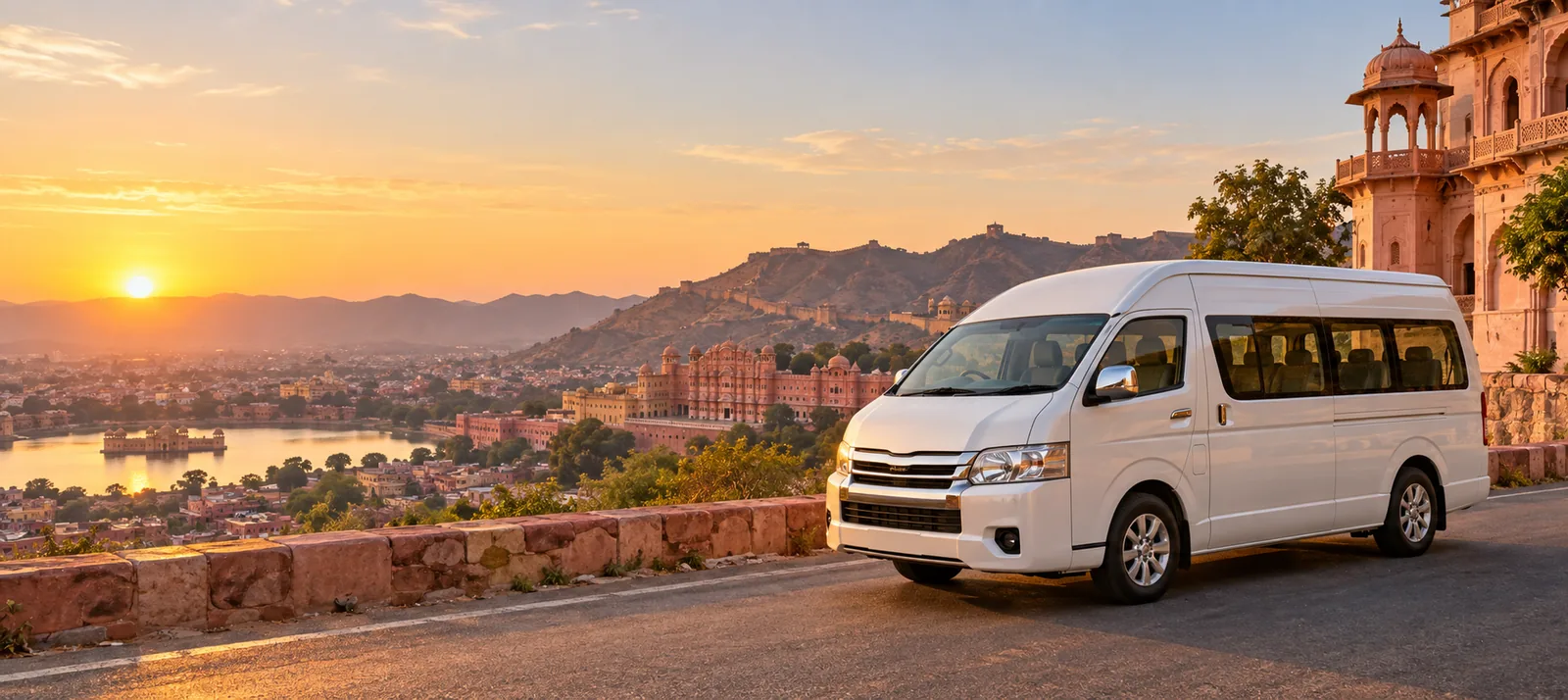 Illustrative Rajasthan heritage landscape with a premium group van