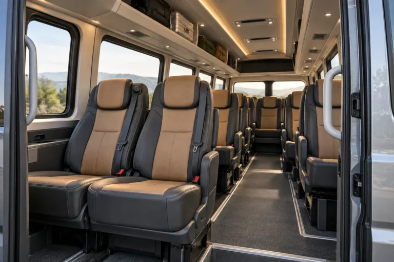 Illustrative interior of a high-roof group van with passenger seating