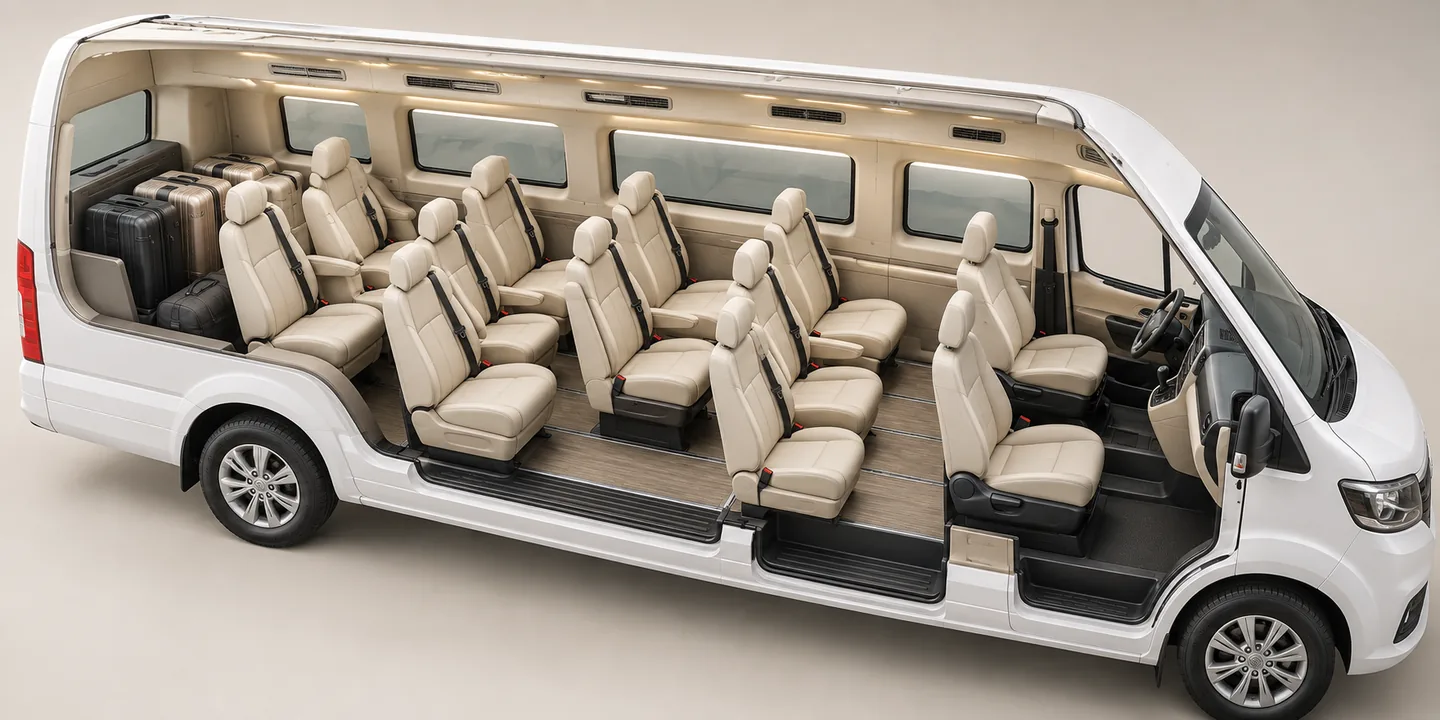 Illustrative 3D cutaway of a premium group van cabin, showing passenger seats, walking aisle and luggage area
