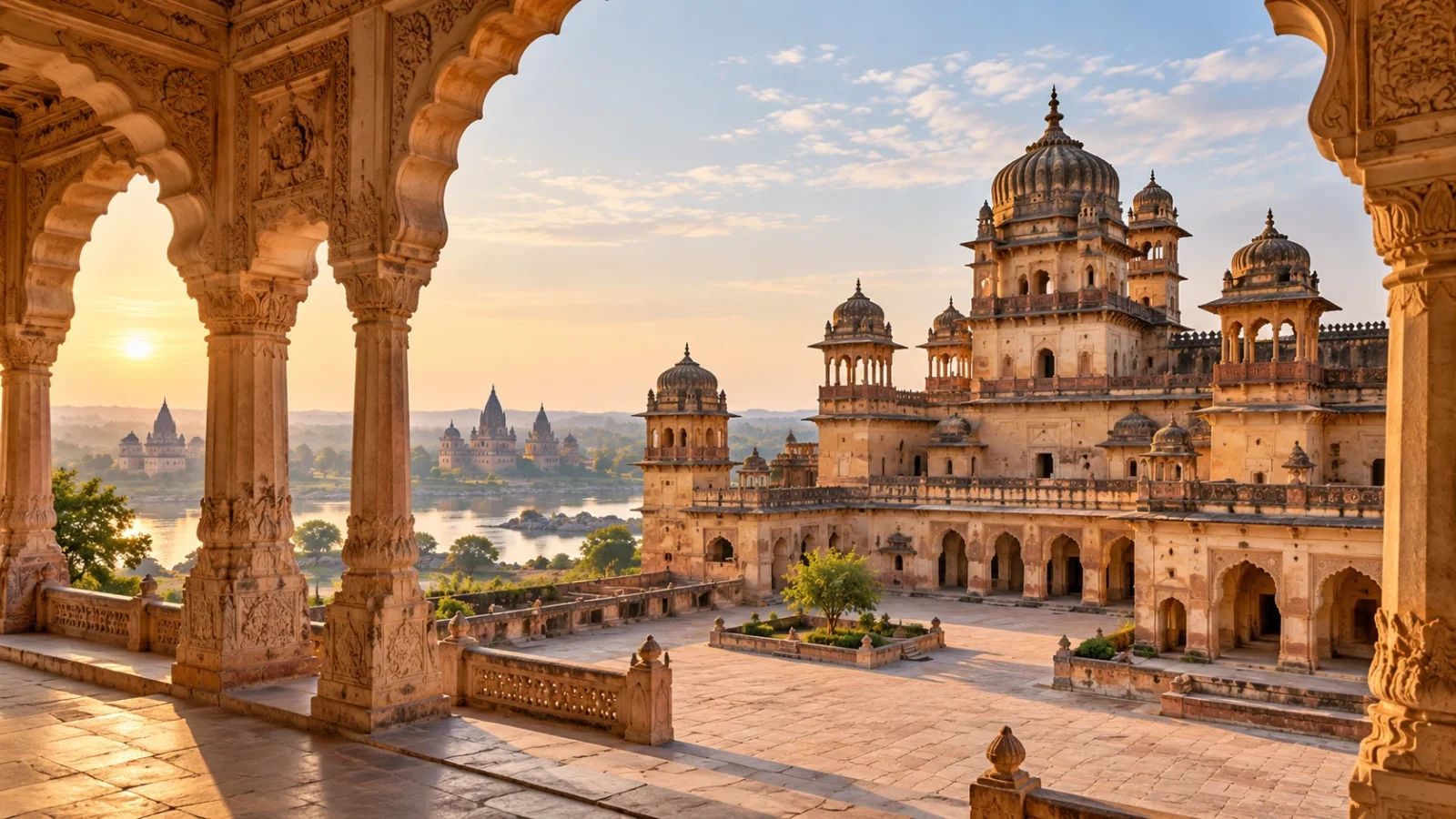Orchha-inspired palace courtyard and chhatris illustration