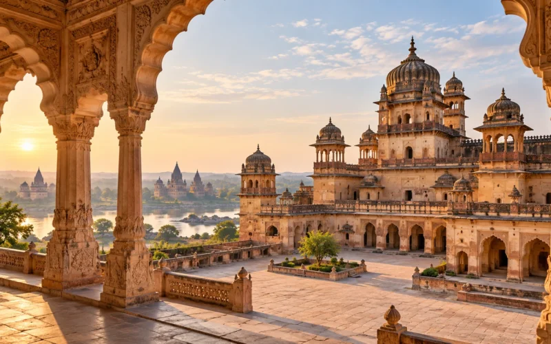Orchha-inspired palace courtyard and chhatris illustration