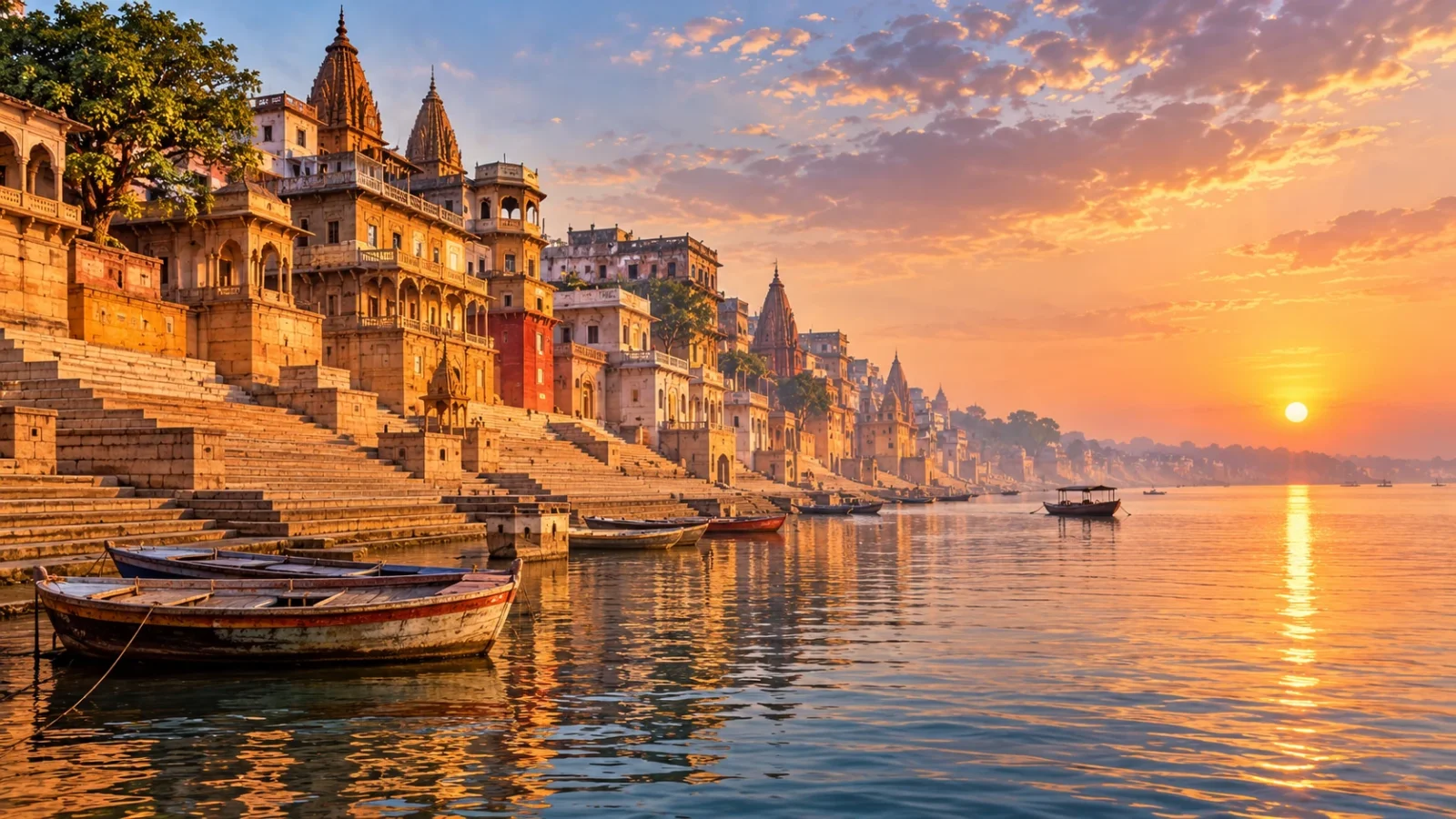 Varanasi-inspired Ganges ghats at sunrise illustration