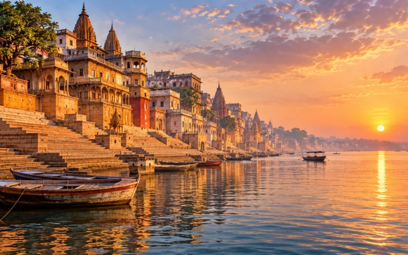 Varanasi-inspired Ganges ghats at sunrise illustration
