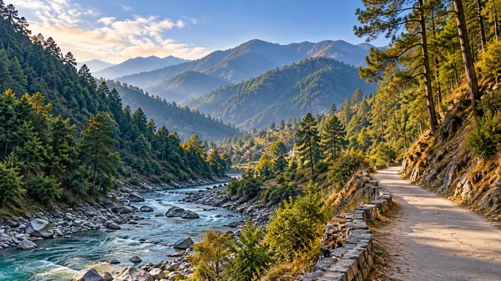Kumaon river valley and pilgrimage approach, scenic illustration