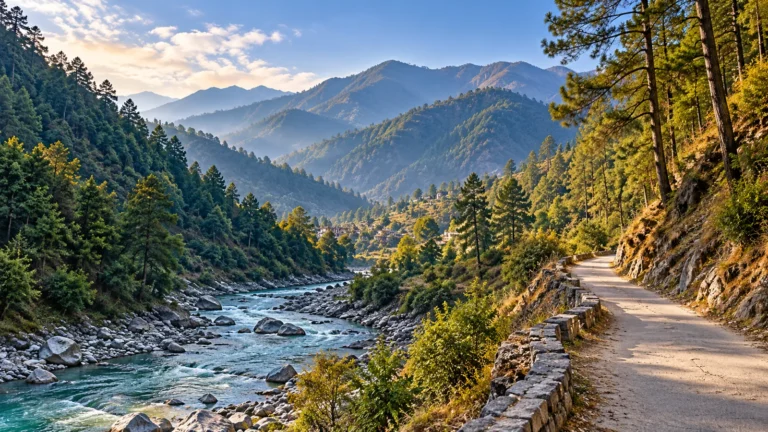 Kumaon river valley and pilgrimage approach, scenic illustration