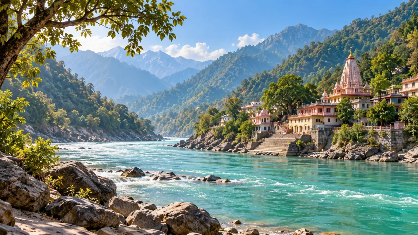 Rishikesh-inspired riverside and Himalayan foothills illustration