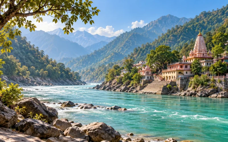 Rishikesh-inspired riverside and Himalayan foothills illustration