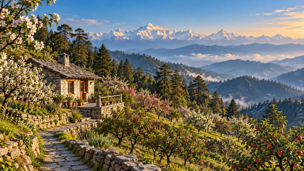 Kumaon orchard cottage and forest ridges, scenic illustration