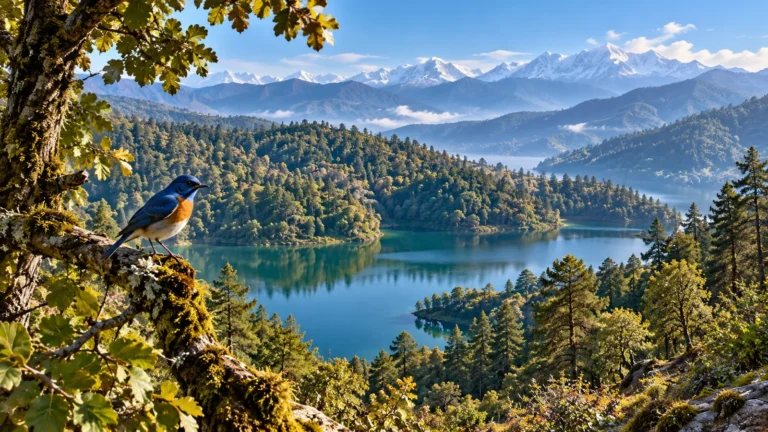 Forest lake and a perched bird, birdwatching illustration