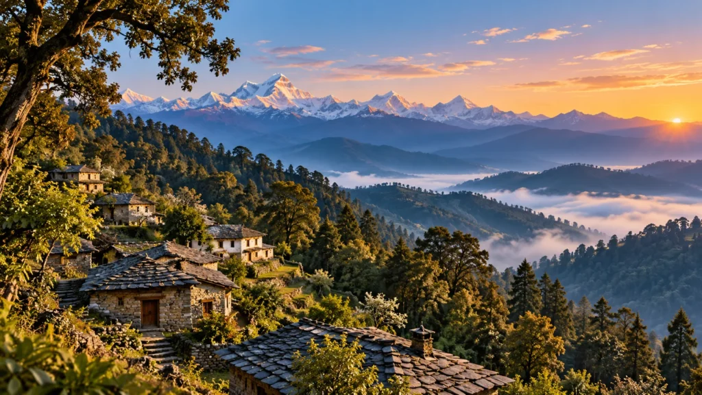 Kumaon village roof and forest ridge, scenic illustration