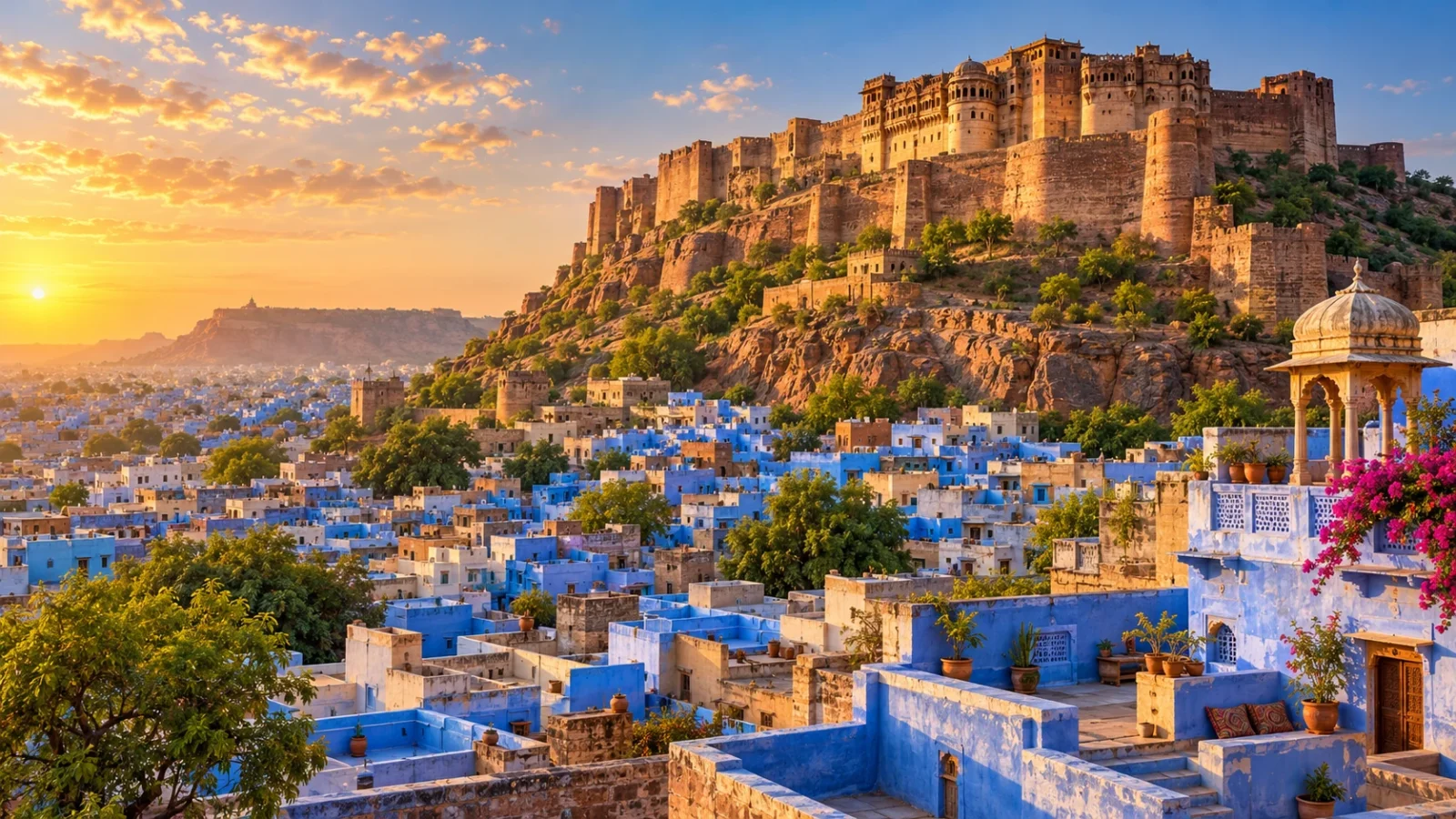 Rajasthan blue city and hill fort illustration