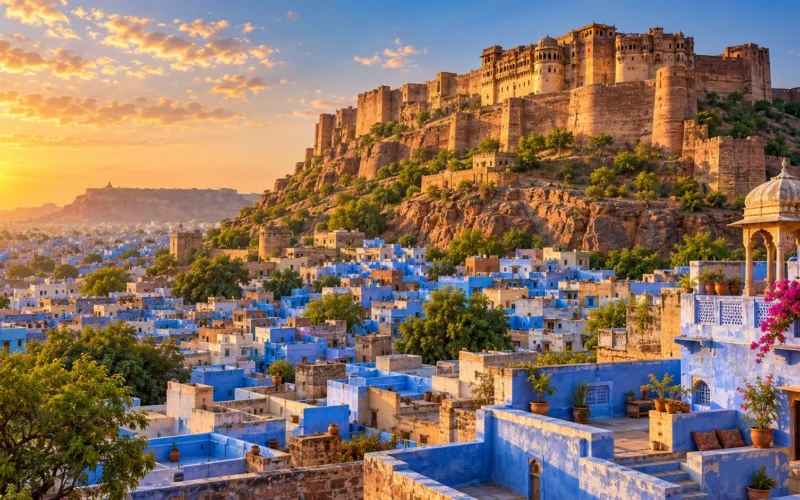 Rajasthan blue city and hill fort illustration