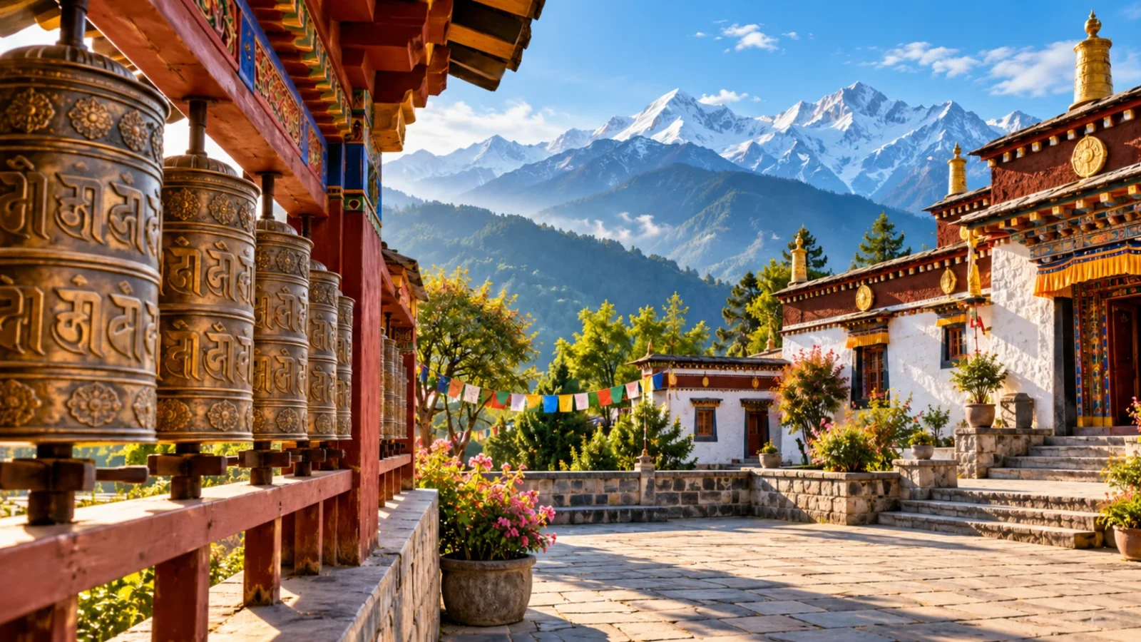 Himalayan monastery courtyard illustration
