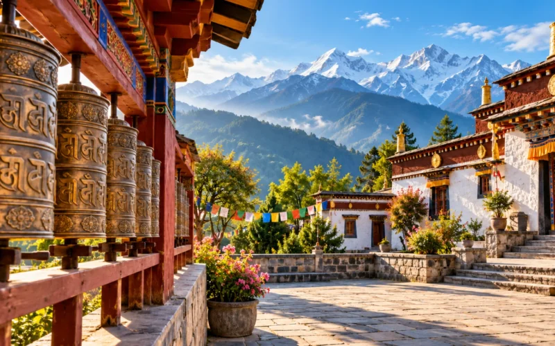 Himalayan monastery courtyard illustration