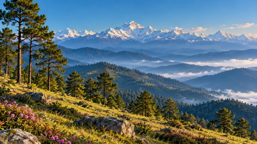 Pine-covered Kumaon hills and a distant mountain horizon, scenic illustration