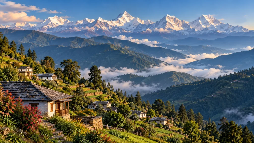 High Kumaon village and layered mountain ridges, scenic illustration