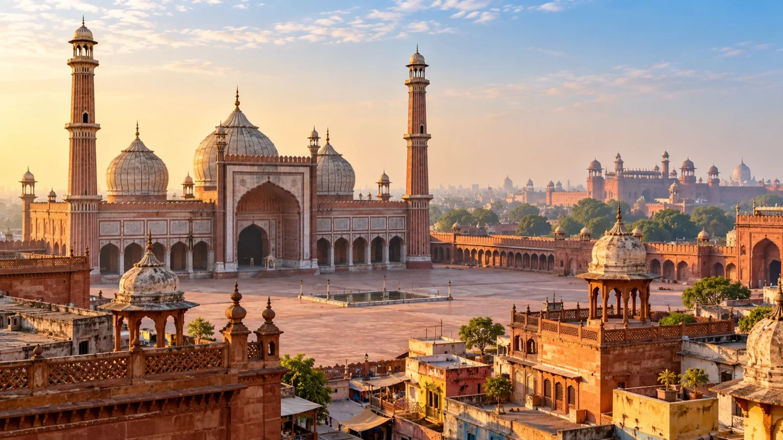 Old Delhi heritage courtyard and rooftops illustration
