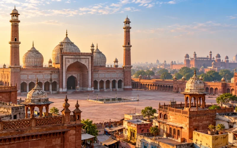 Old Delhi heritage courtyard and rooftops illustration