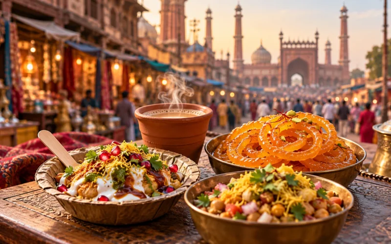 Delhi chaat, jalebi and chai illustration
