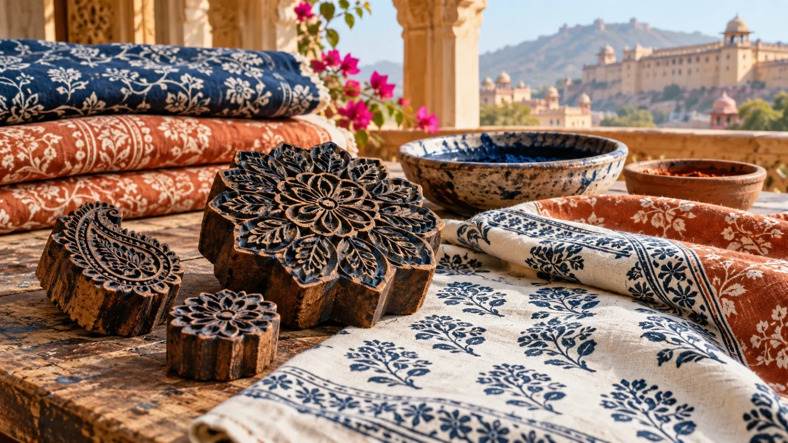 Jaipur block-printing textiles and wooden blocks illustration