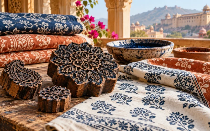 Jaipur block-printing textiles and wooden blocks illustration