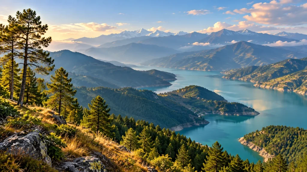 Forested hills above a broad reservoir, scenic illustration
