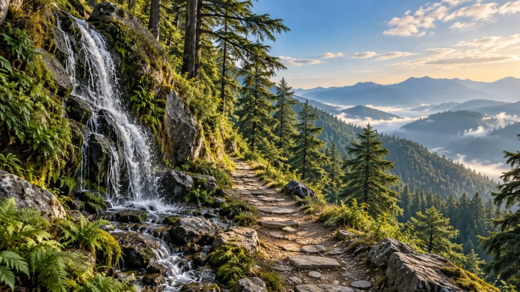Woodland waterfall and a hill path, scenic illustration