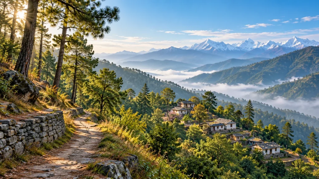 Quiet Garhwal village and wooded hillside, scenic illustration