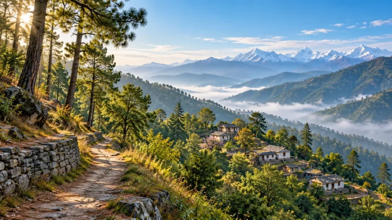 Quiet Garhwal village and wooded hillside, scenic illustration