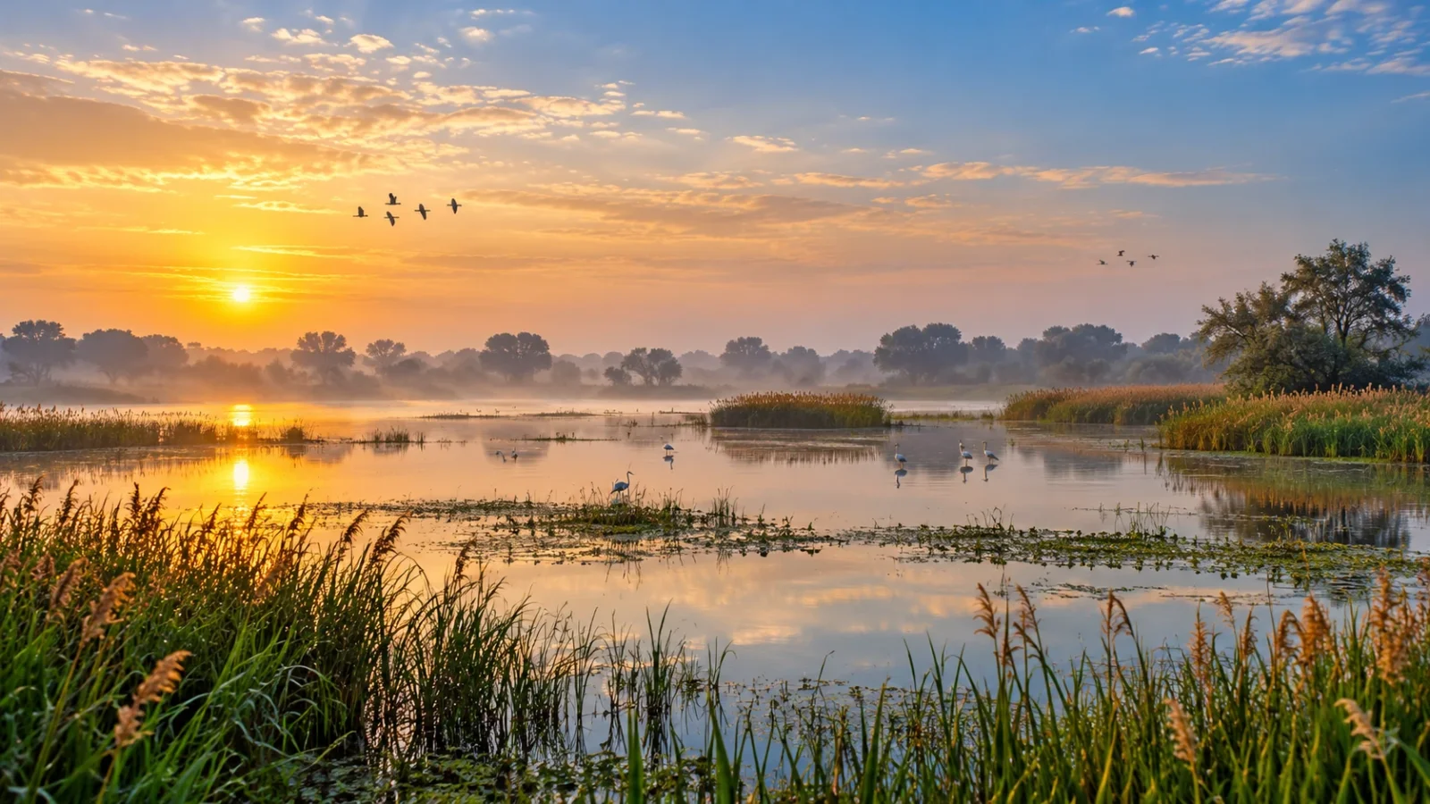 Haryana wetland birds at sunrise illustration
