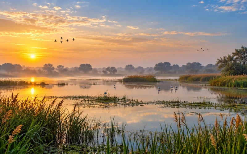 Haryana wetland birds at sunrise illustration
