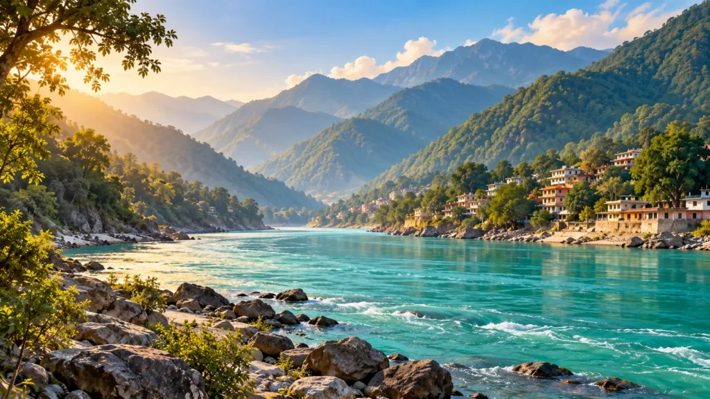Ganges river and forested Rishikesh valley, scenic illustration