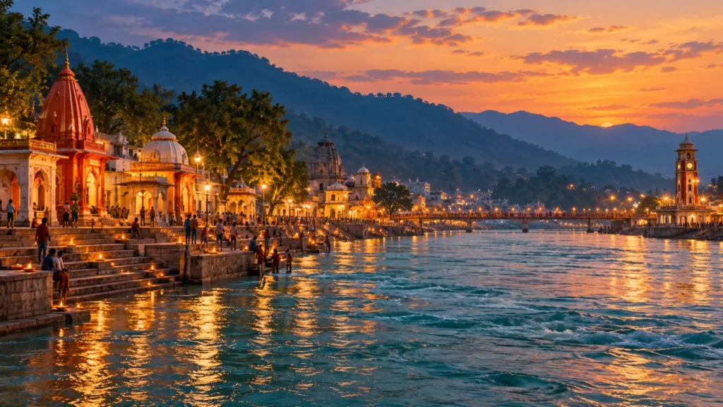 Ganges riverfront and evening lamps, scenic illustration