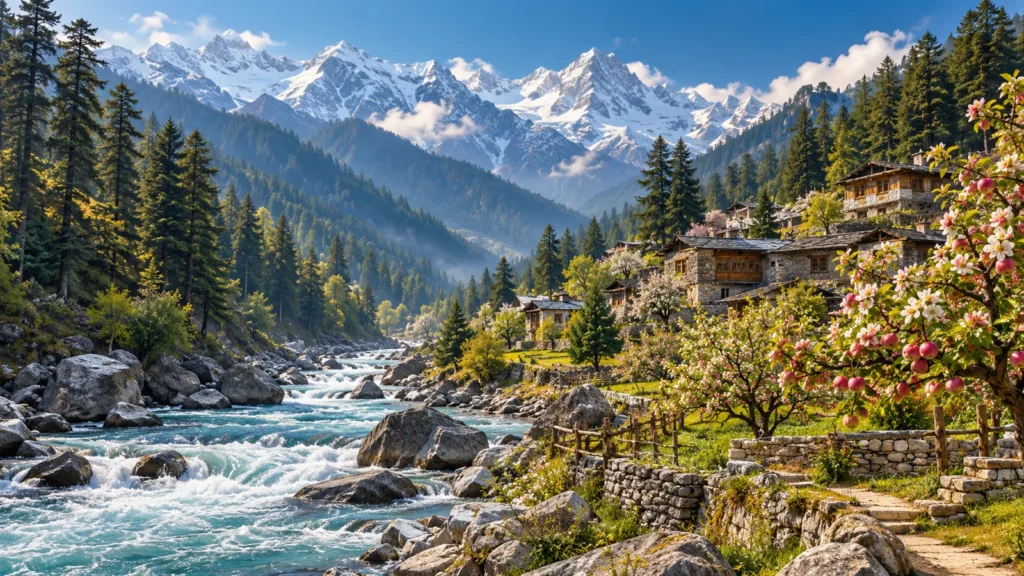 Himalayan river valley and village houses, scenic illustration