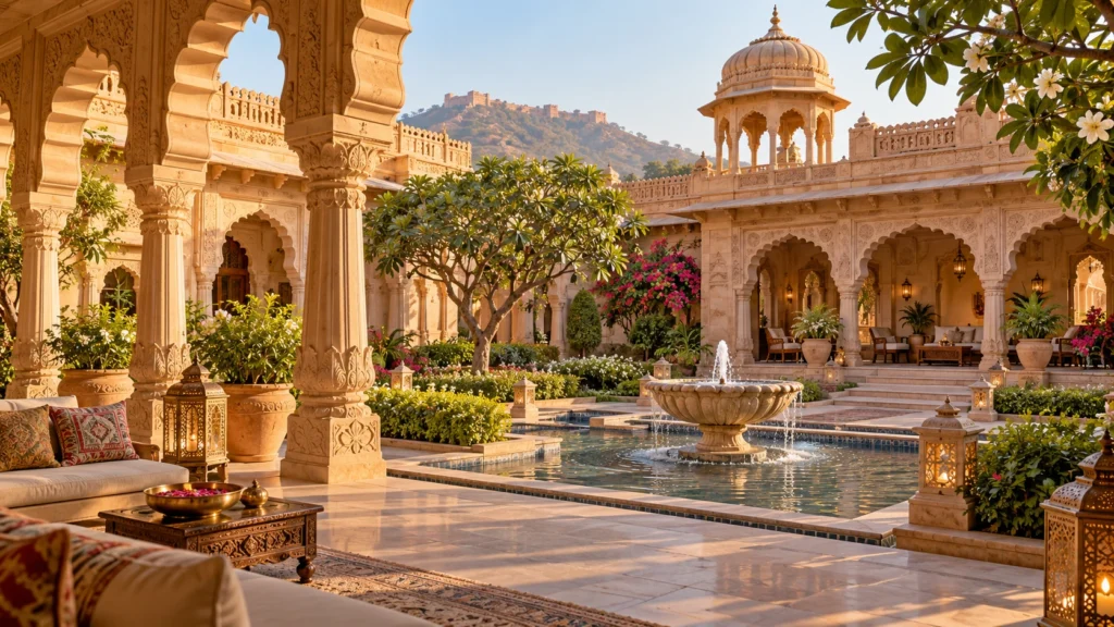 Imagined Rajasthan heritage hotel courtyard illustration