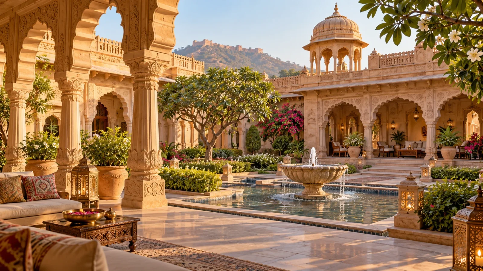 Imagined Rajasthan heritage hotel courtyard illustration