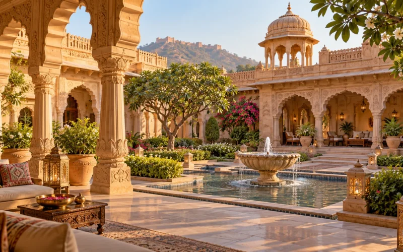 Imagined Rajasthan heritage hotel courtyard illustration