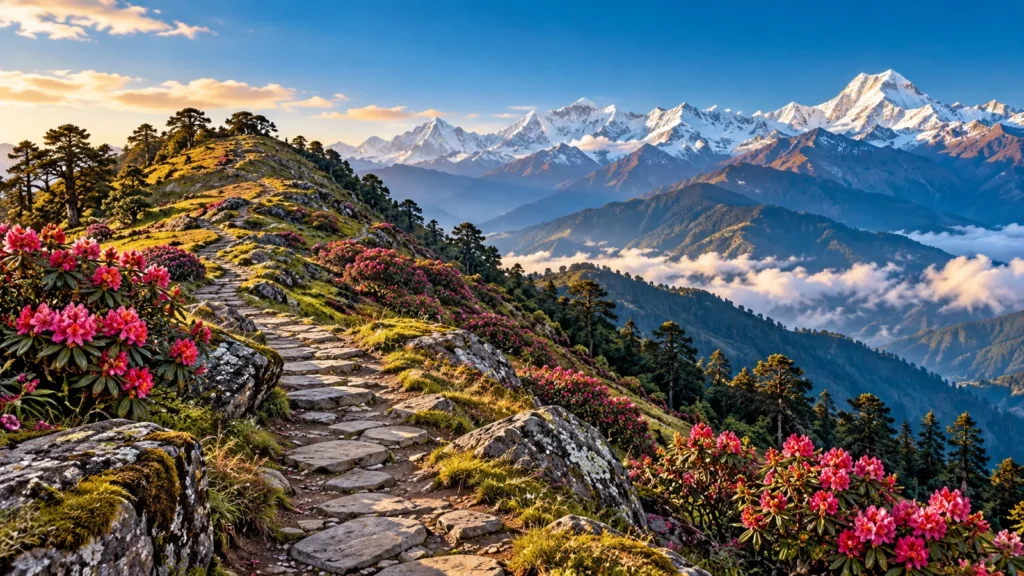 Mountain meadow and a stone walking path, scenic illustration