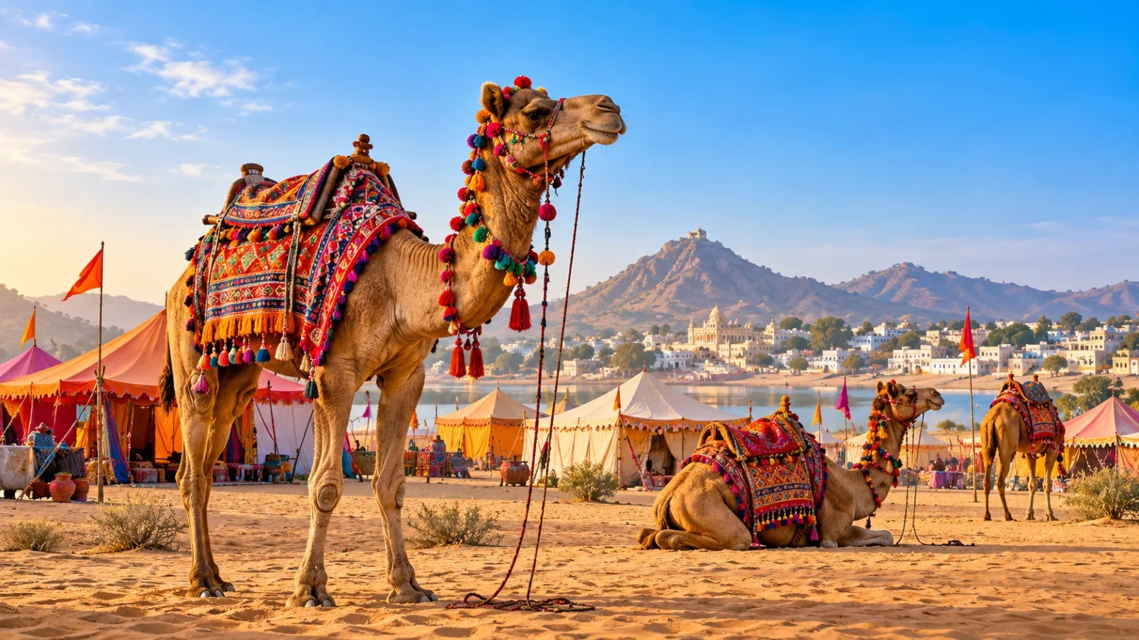 Pushkar-inspired camel fair atmosphere illustration
