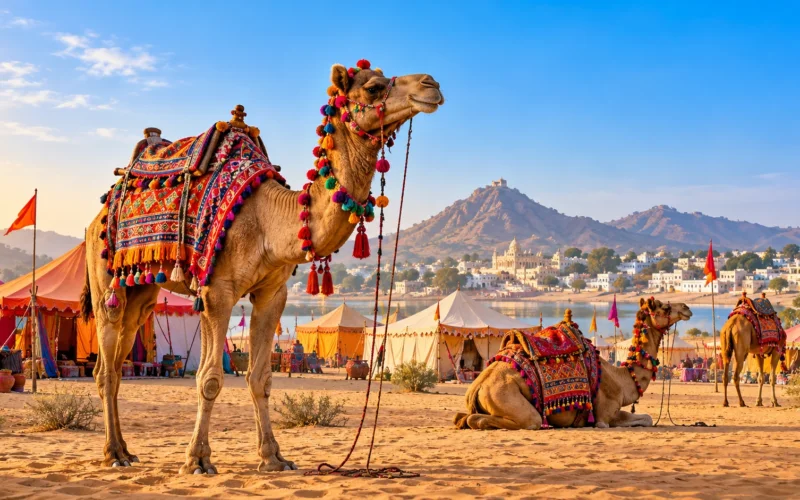 Pushkar-inspired camel fair atmosphere illustration