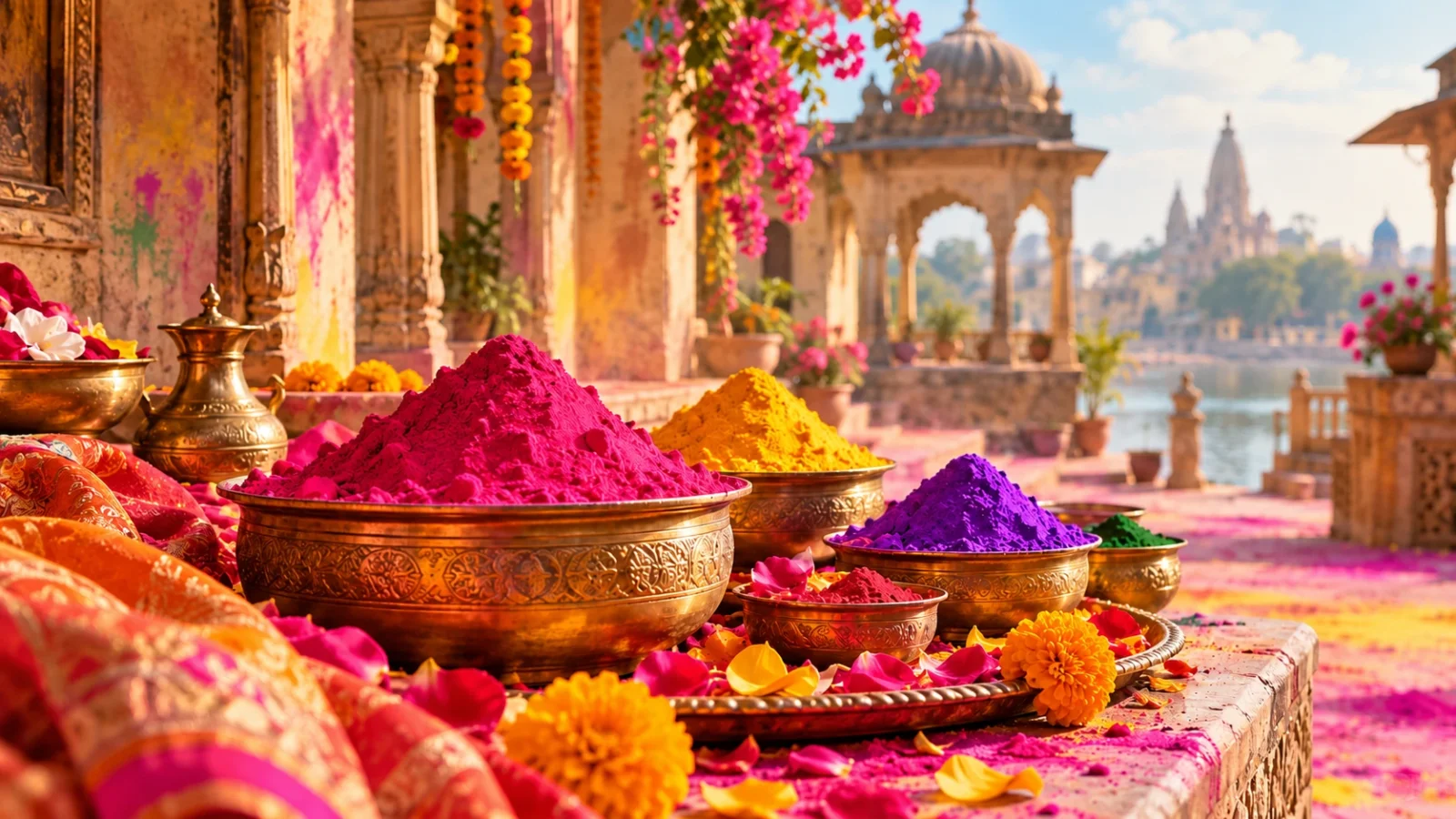 Holi coloured powders and flowers illustration