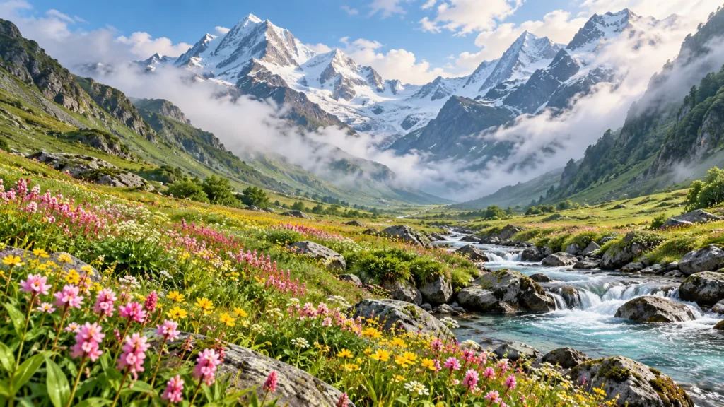Himalayan wildflower meadow and mountain stream, scenic illustration