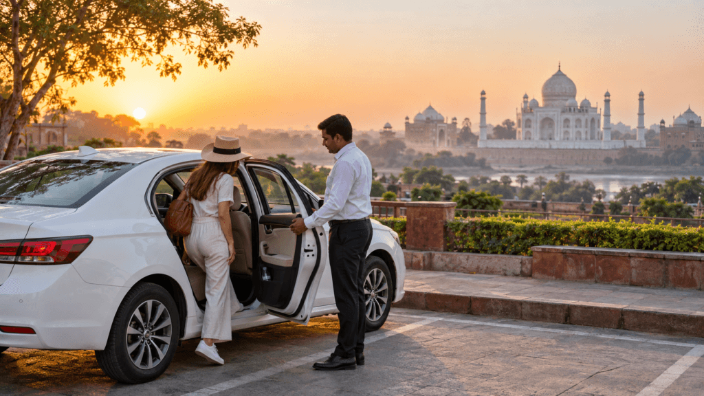 AI illustration of a private sedan at a roadside parking area near Agra