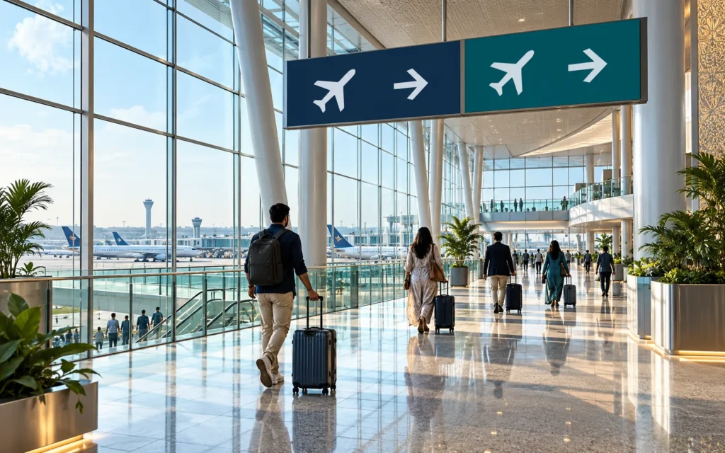 Airport concourse and directional signs, travel planning illustration