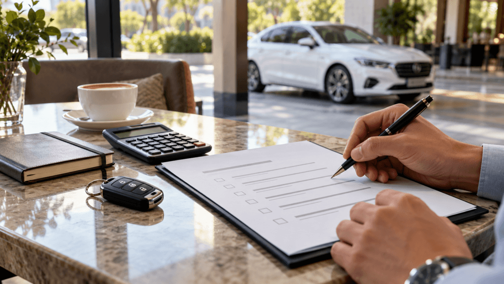 AI illustration of a traveller reviewing a rental quotation beside car keys