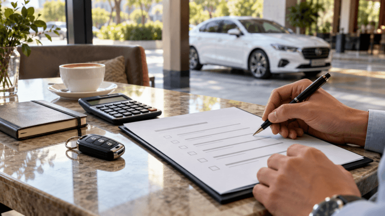 AI illustration of a traveller reviewing a rental quotation beside car keys