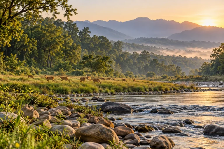 AI illustration of deer and a river in the Corbett forest landscape