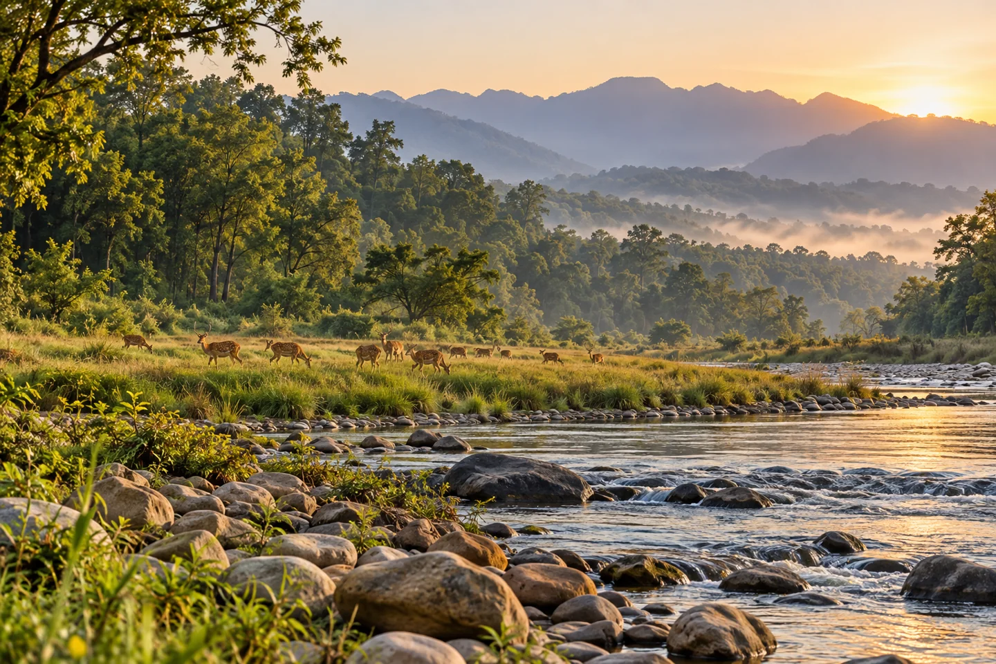 AI illustration of deer and a river in the Corbett forest landscape