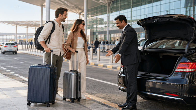 AI illustration of travellers with suitcases meeting a private driver at an airport pickup area